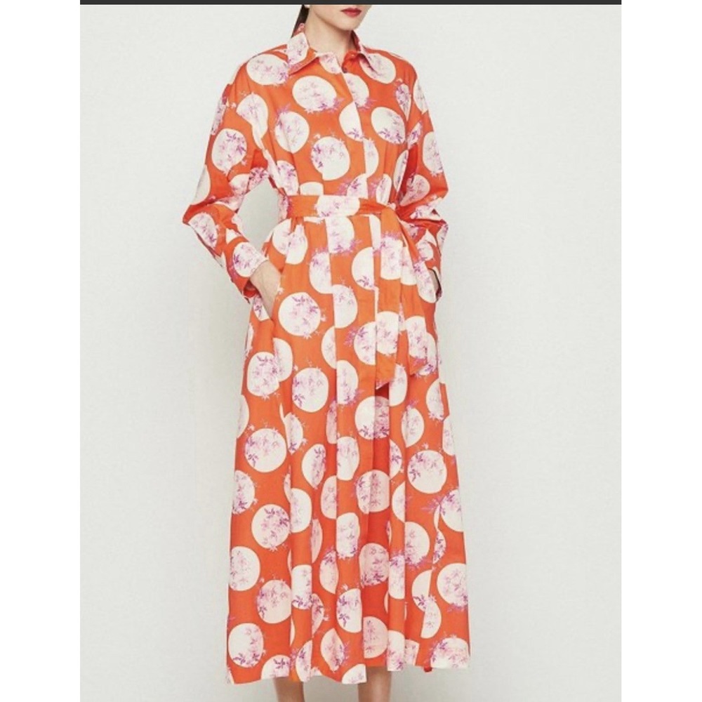 Mirto Printed Shirt Maxi Dress Orange Floral Dot Sz 40 US M Designer No Belt